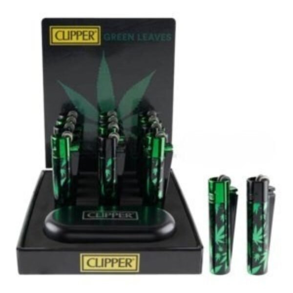 Clipper Full Metal Flint Lighter Display 12CT - Green Leaves